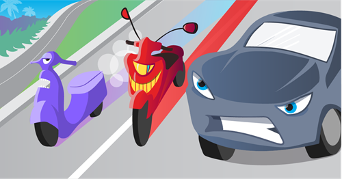 An angry looking car appearing squished next to a motorcycle and moped.